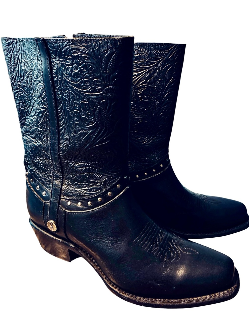 Sonora Bailey Authentic Leather Embossed  Black Cowboy Boots